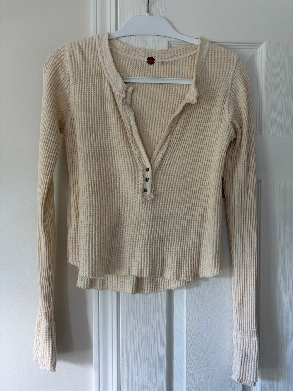 Free People Cream Waffle Henley Long Sleeve Top